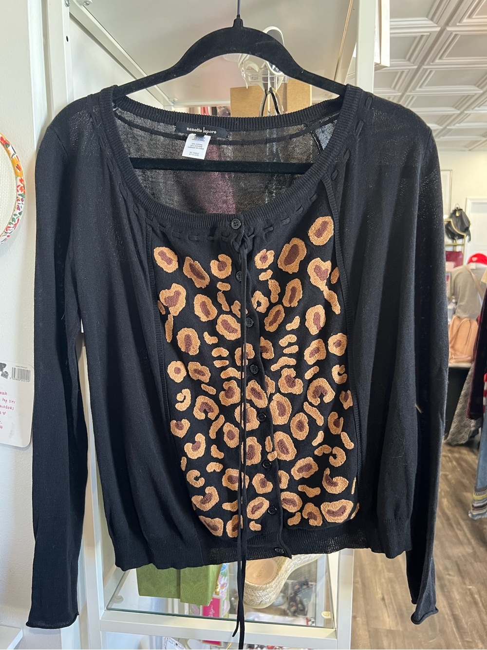 Nanette Lepore vintage Black Cardigan with Tan Leopard Front